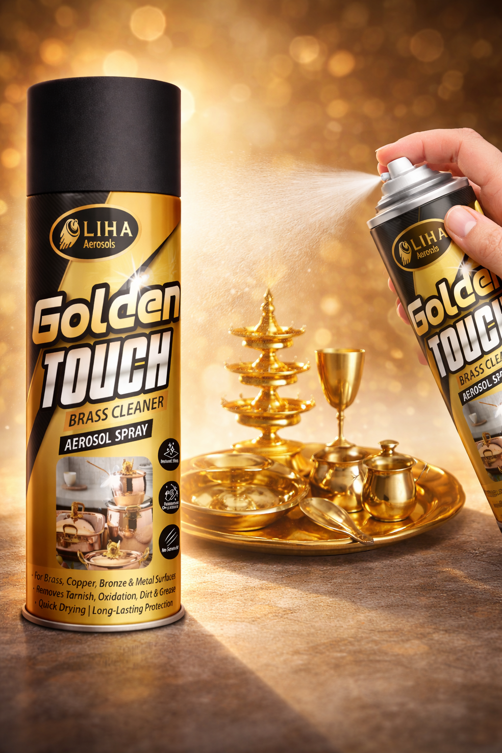LIHA Golden Touch Brass Cleaner Spray | Removes Tarnish & Restores