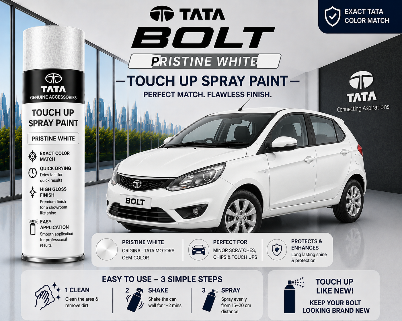 Tata Bolt Pristine White Touch Up Spray Paint | OEM Automotive Aerosol Paint for Scratch Repair