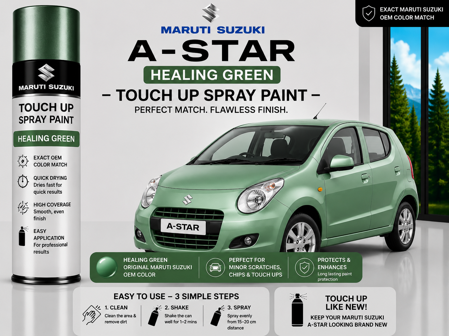 Maruti Suzuki A-Star Healing Green Touch Up Spray Paint – OEM Color Match | LIHA Aerosols 500ml
