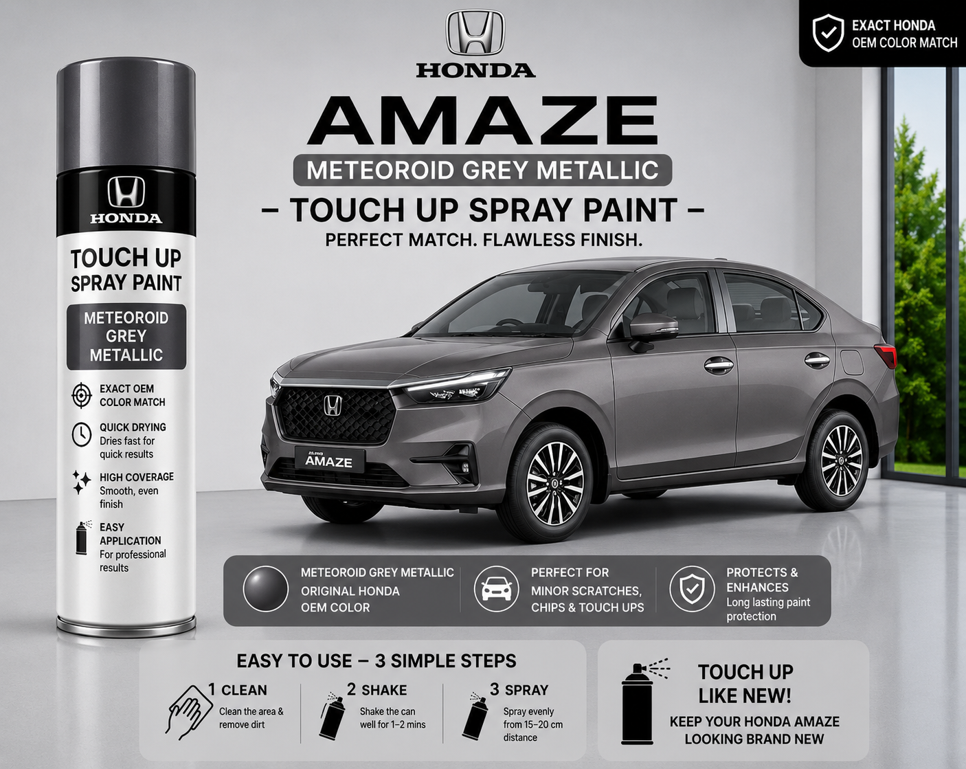 Honda Amaze Meteoroid Grey Metallic Touch Up Spray Paint – OEM Color Match | LIHA Aerosols 500ml
