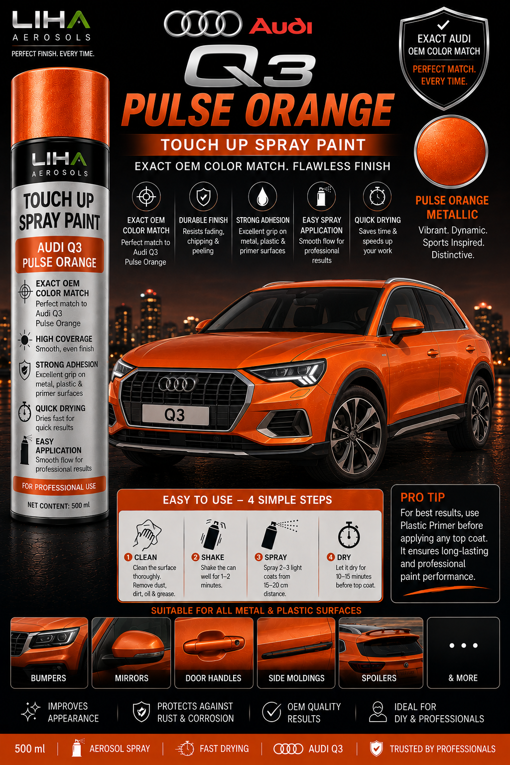 Audi Q3 Pulse Orange OEM Color Match Touch Up Spray Paint 500ml | LIHA Aerosols Automotive Paint