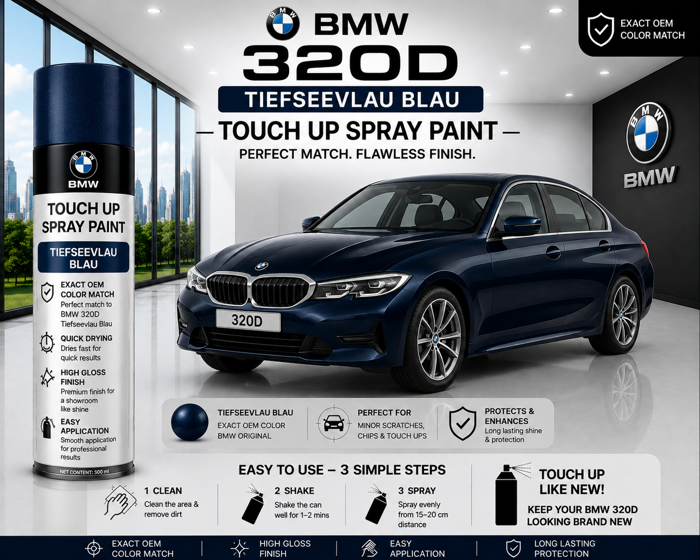 BMW 320d Tiefseeblau Metallic Touch Up Spray Paint – OEM Color Match | LIHA Aerosols 500ml