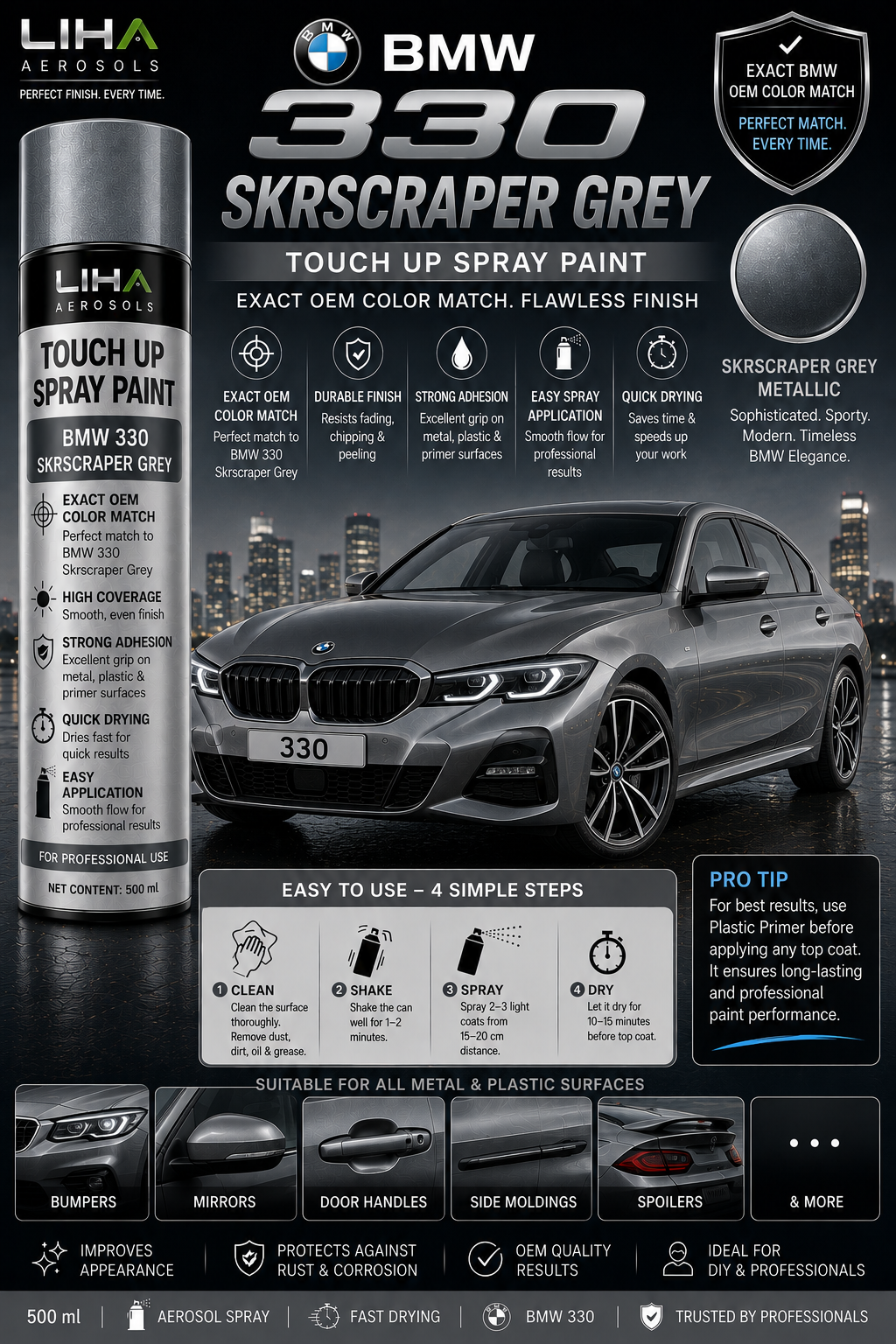 BMW 330i Skyscraper Grey Metallic OEM Color Match Touch Up Spray Paint 500ml | LIHA Aerosols Automotive Paint
