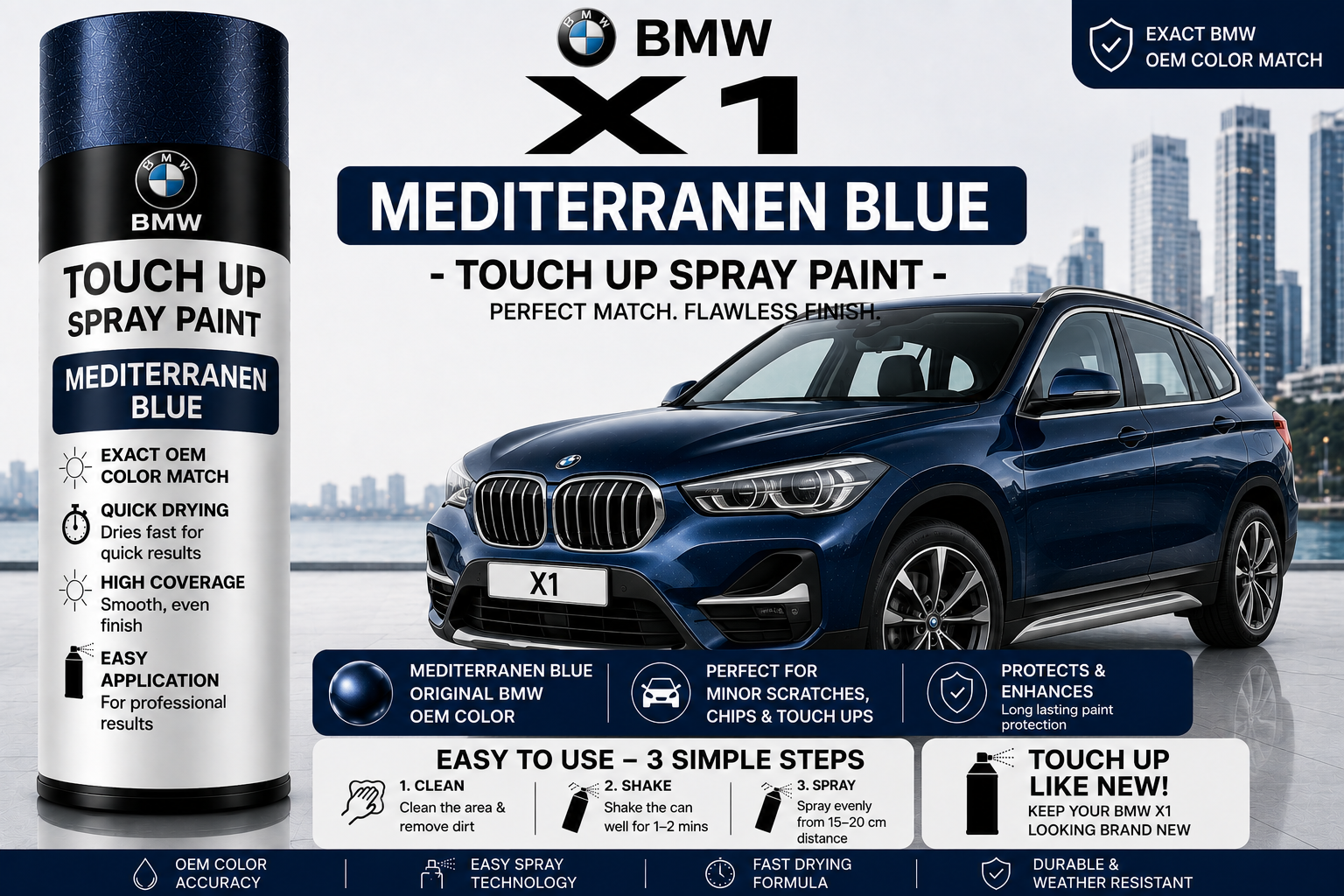 BMW X1 Mediterranen Blue Touch Up Spray Paint – OEM Color Match | LIHA Aerosols 500ml