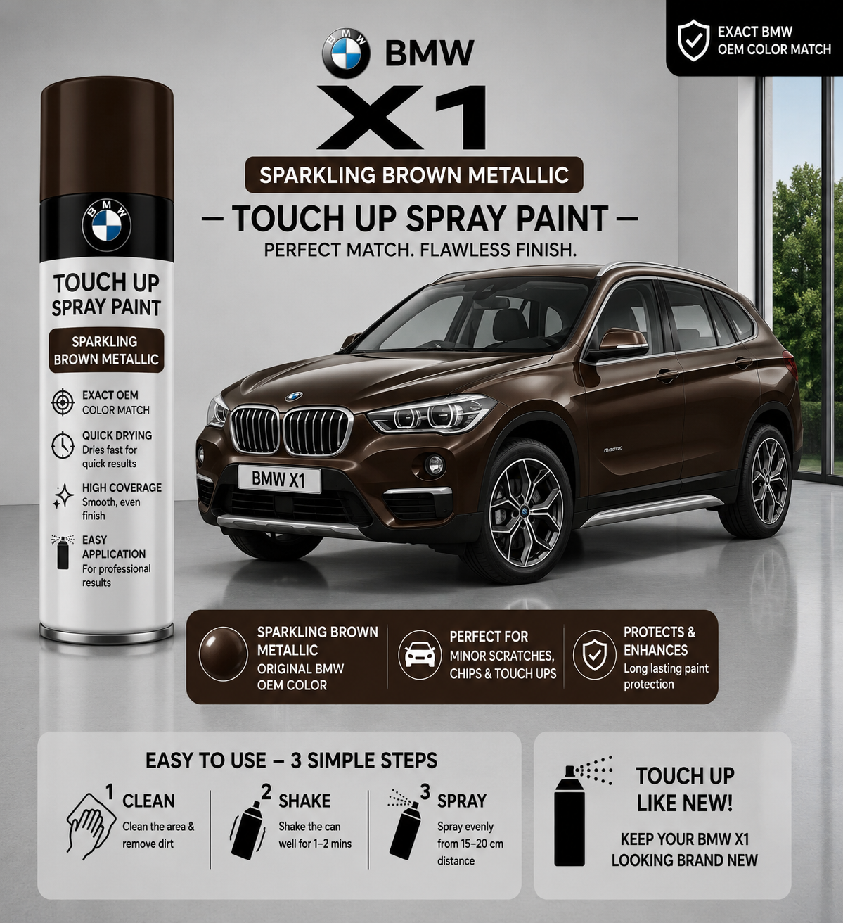 BMW X1 Sparkling Brown Metallic Touch Up Spray Paint – OEM Color Match | LIHA Aerosols 500ml