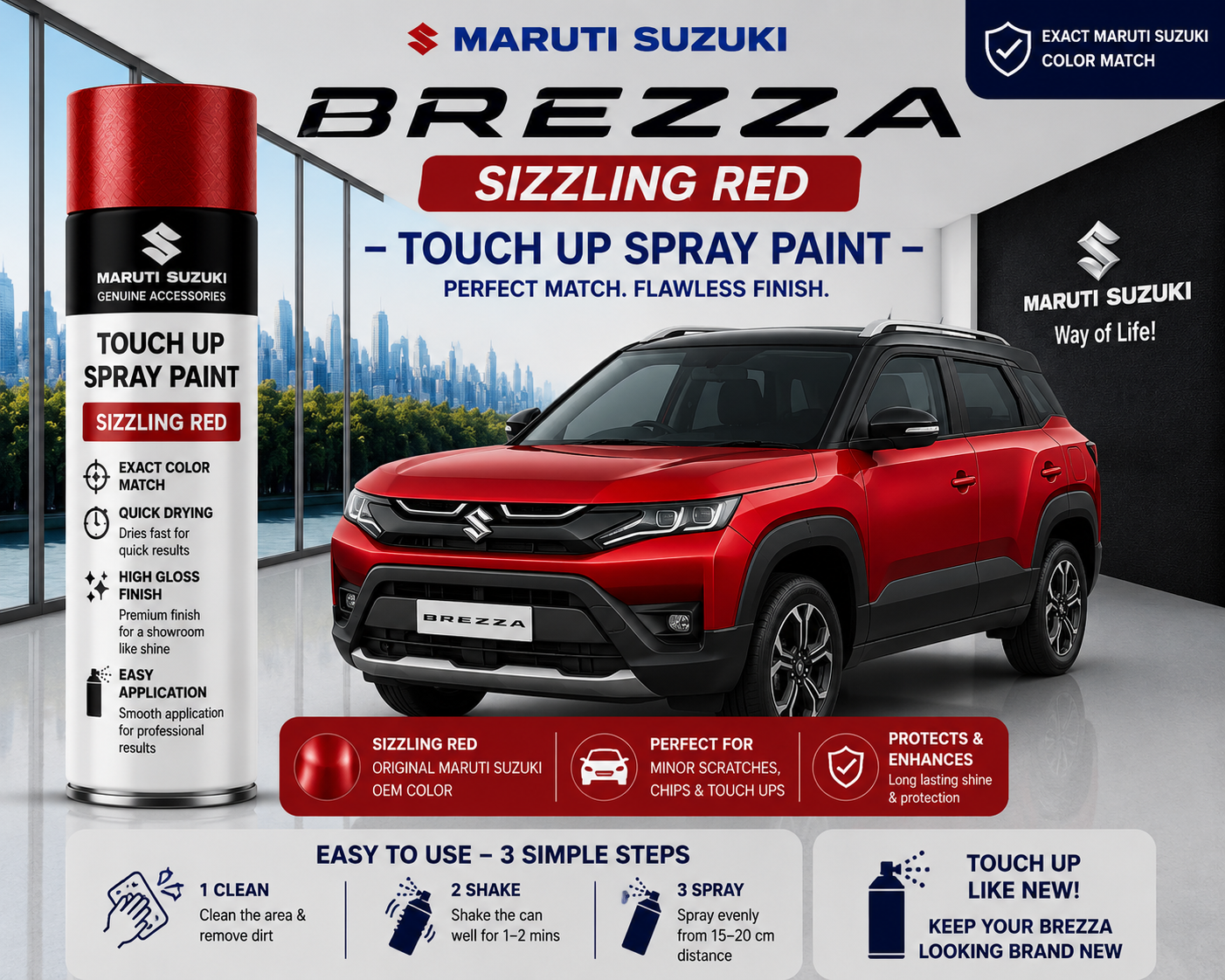 Maruti Suzuki Brezza Sizzling Red Touch Up Spray Paint | OEM Automotive Aerosol Paint for Scratch Repair