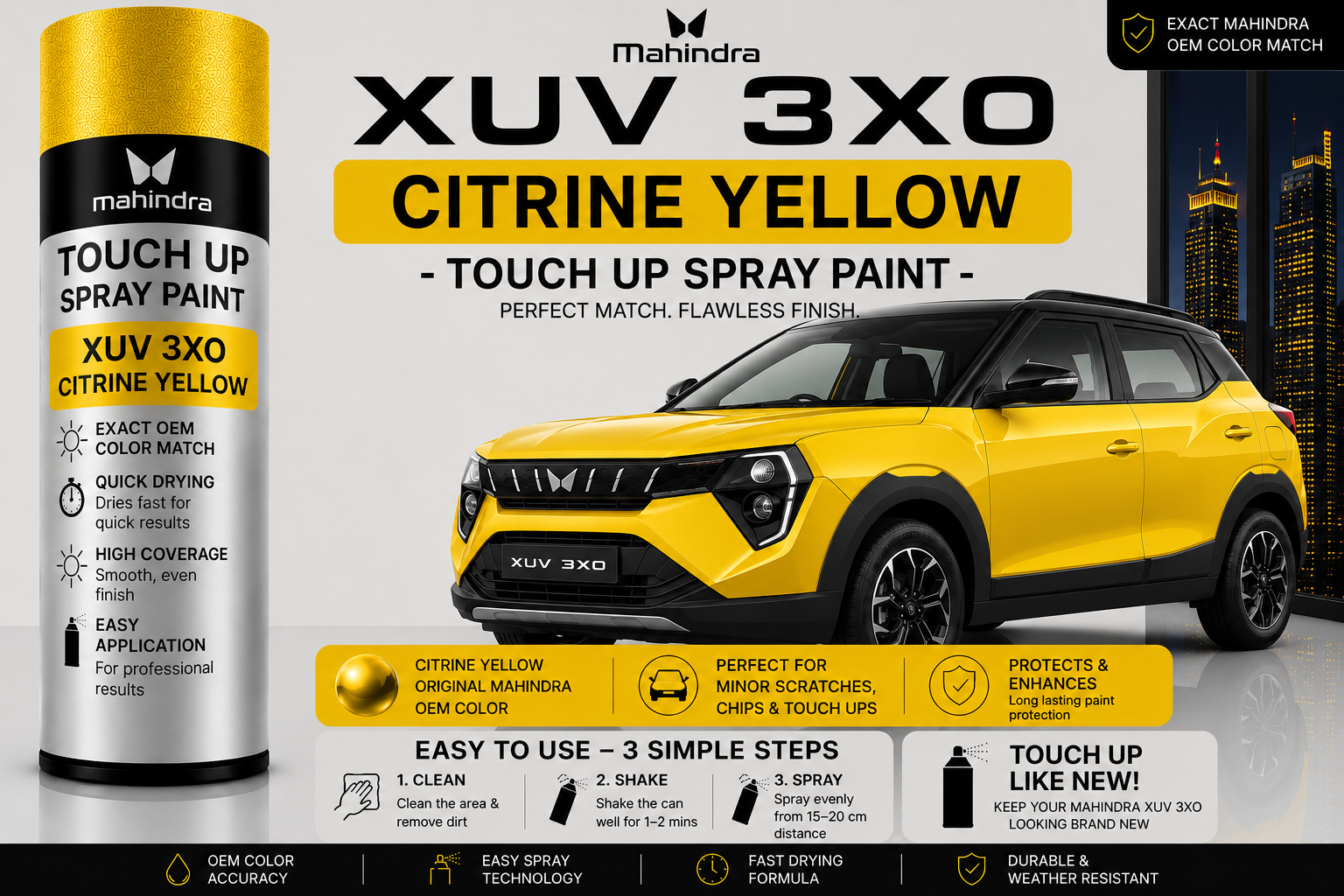 Mahindra XUV 3XO Citrine Yellow Touch Up Spray Paint – OEM Color Match | LIHA Aerosols 500ml
