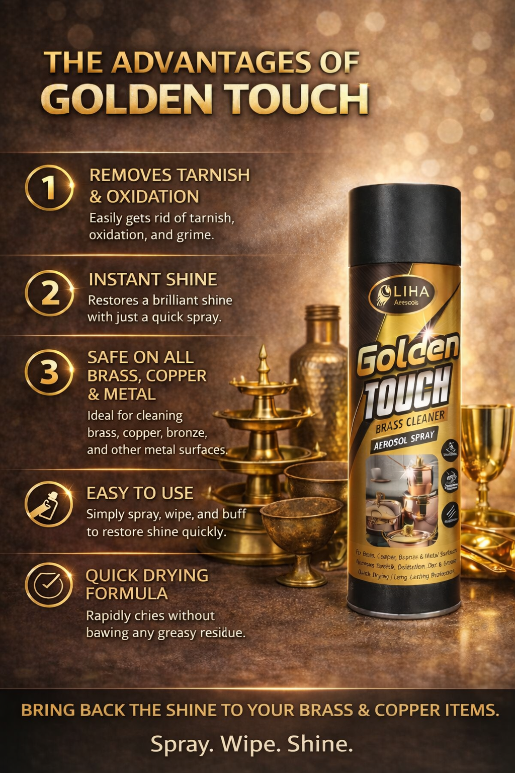 LIHA Golden Touch Brass Cleaner Spray | Removes Tarnish & Restores Shine Instantly