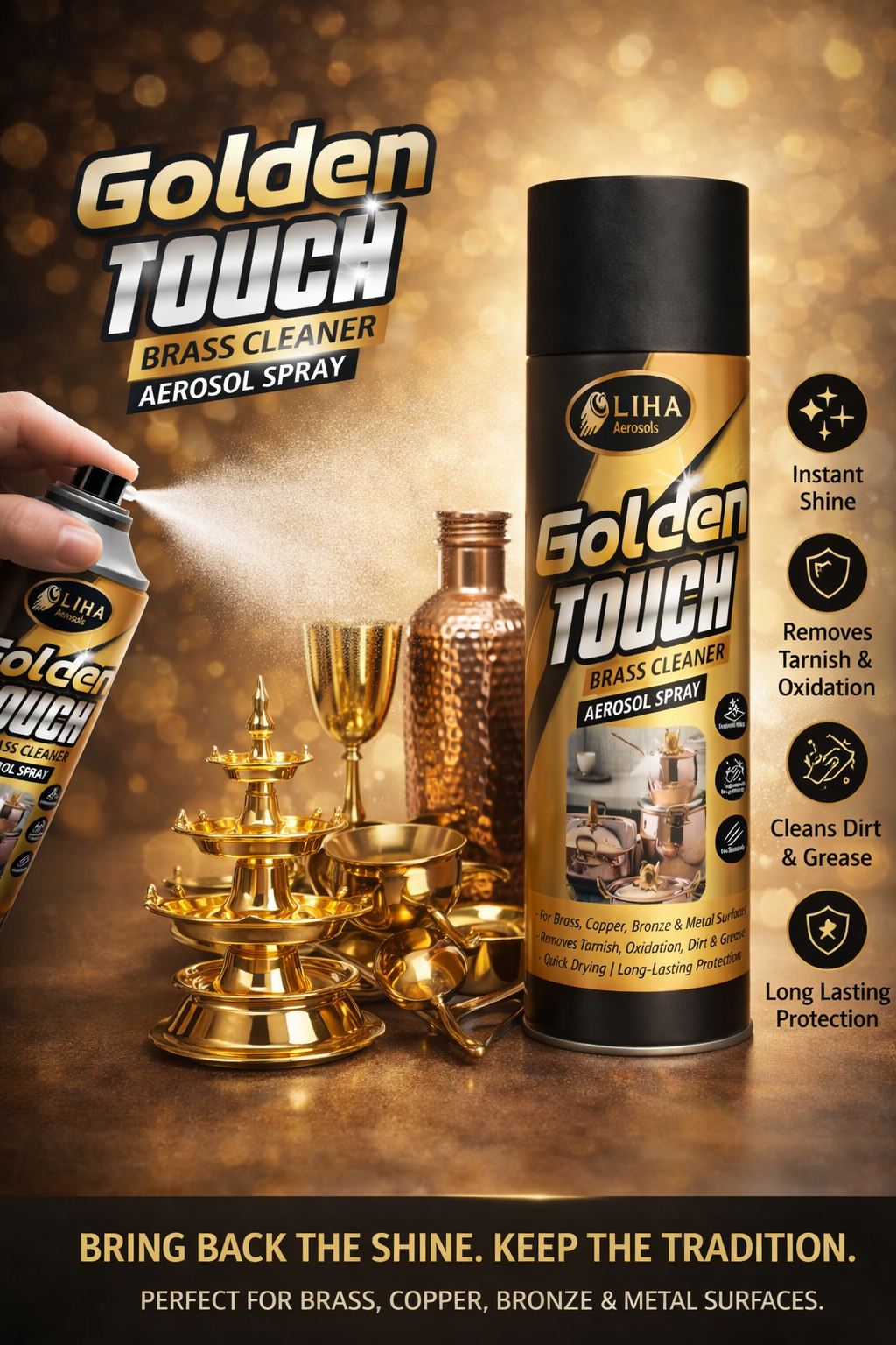 LIHA Golden Touch Brass Cleaner Spray | Removes Tarnish & Restores Shine Instantly