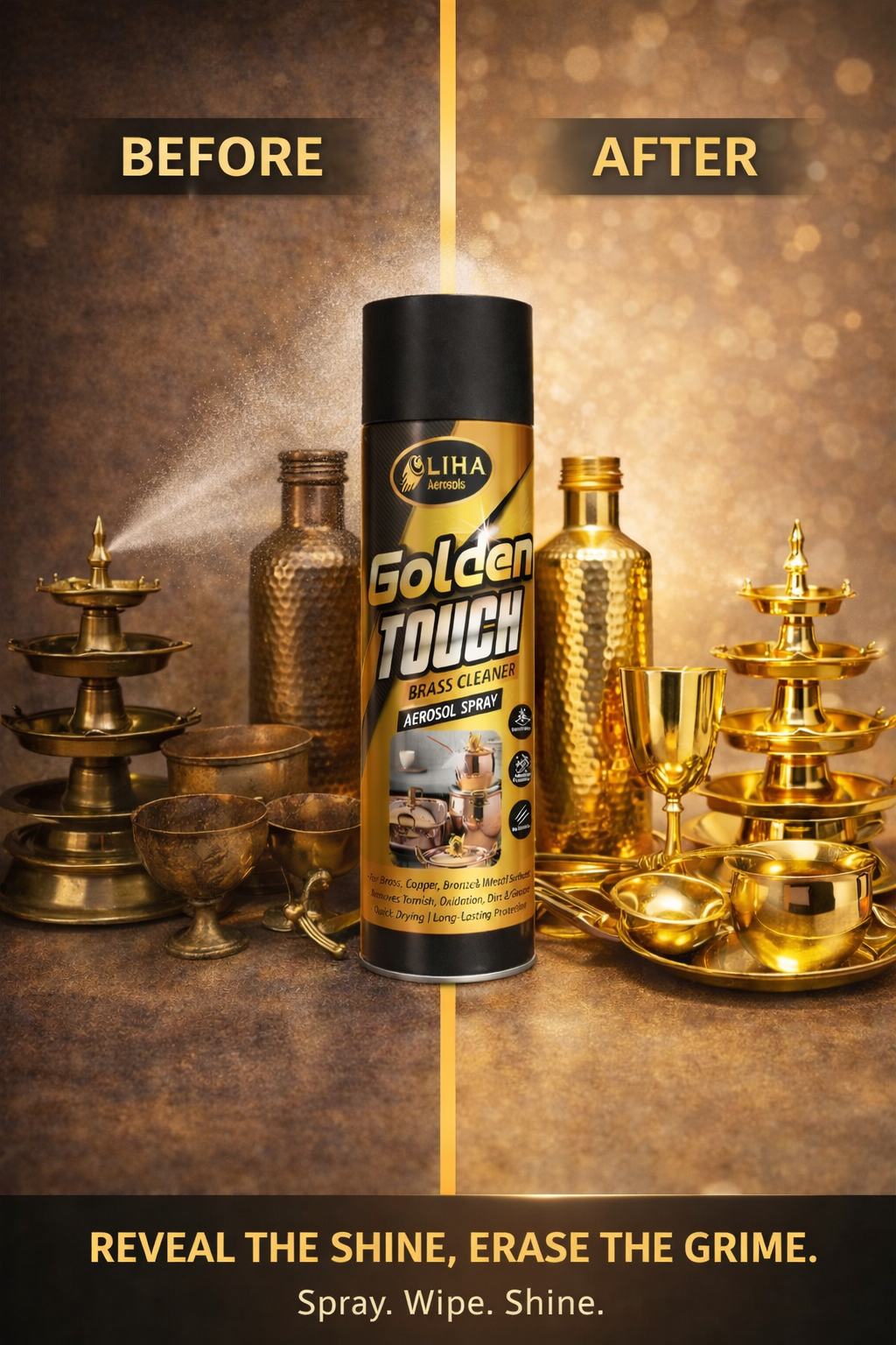 LIHA Golden Touch Brass Cleaner Spray | Removes Tarnish & Restores Shine Instantly