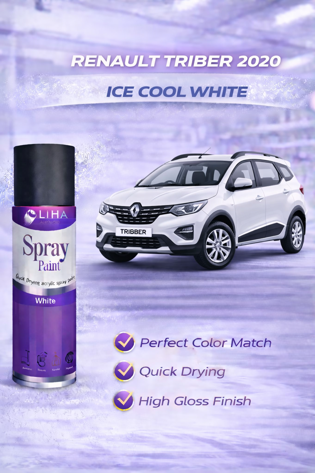 LIHA Aerosols Spray Paint – Ice Cool White (Renault Triber 2020 Color Match) | Quick Dry High Gloss Finish