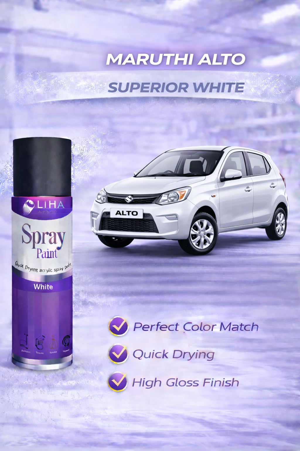 LIHA Aerosols Spray Paint – Superior White (Maruti Alto Color Match) | Quick Dry High Gloss Finish