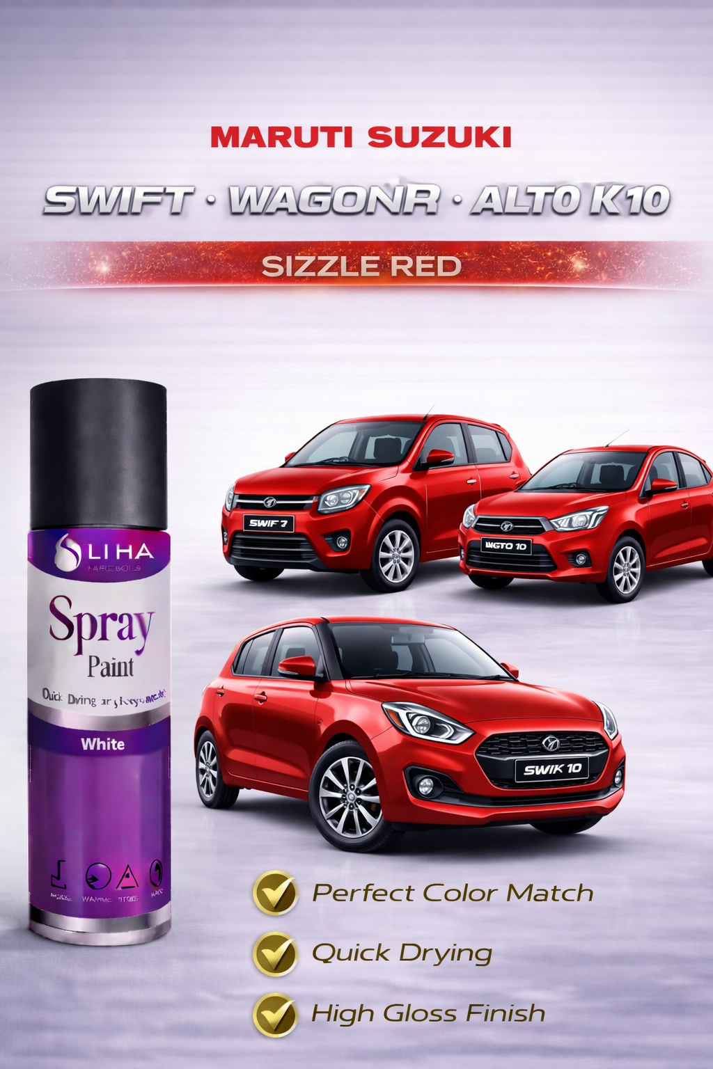 Maruti Suzuki Swift / WagonR / Alto K10 Sizzle Red | OEM Match | High Gloss | Quick Dry