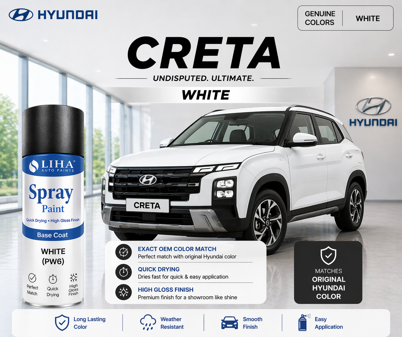 Hyundai Creta White | OEM Color Match | Base Coat | High Gloss Finish