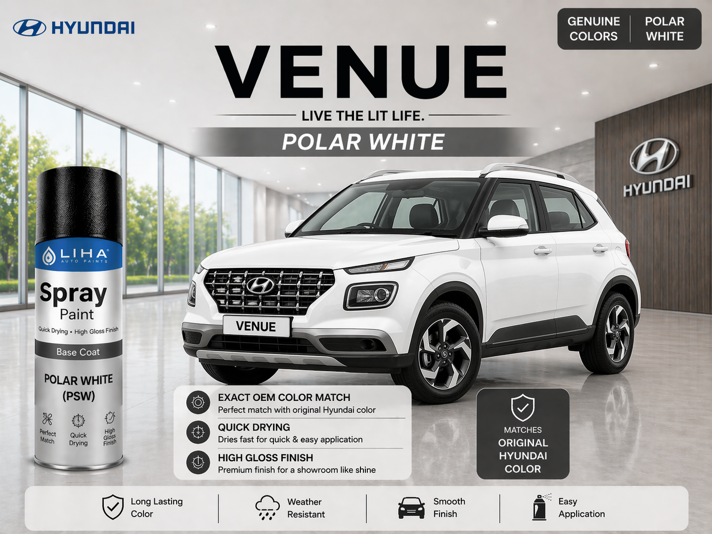 Hyundai Venue Polar White | OEM Color Match | Base Coat | High Gloss Finish | Quick Dry