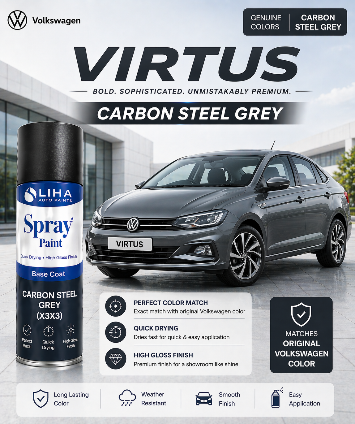VW Virtus Carbon Steel Grey | OEM Color Match | Base Coat | Metallic Finish | Quick Dry