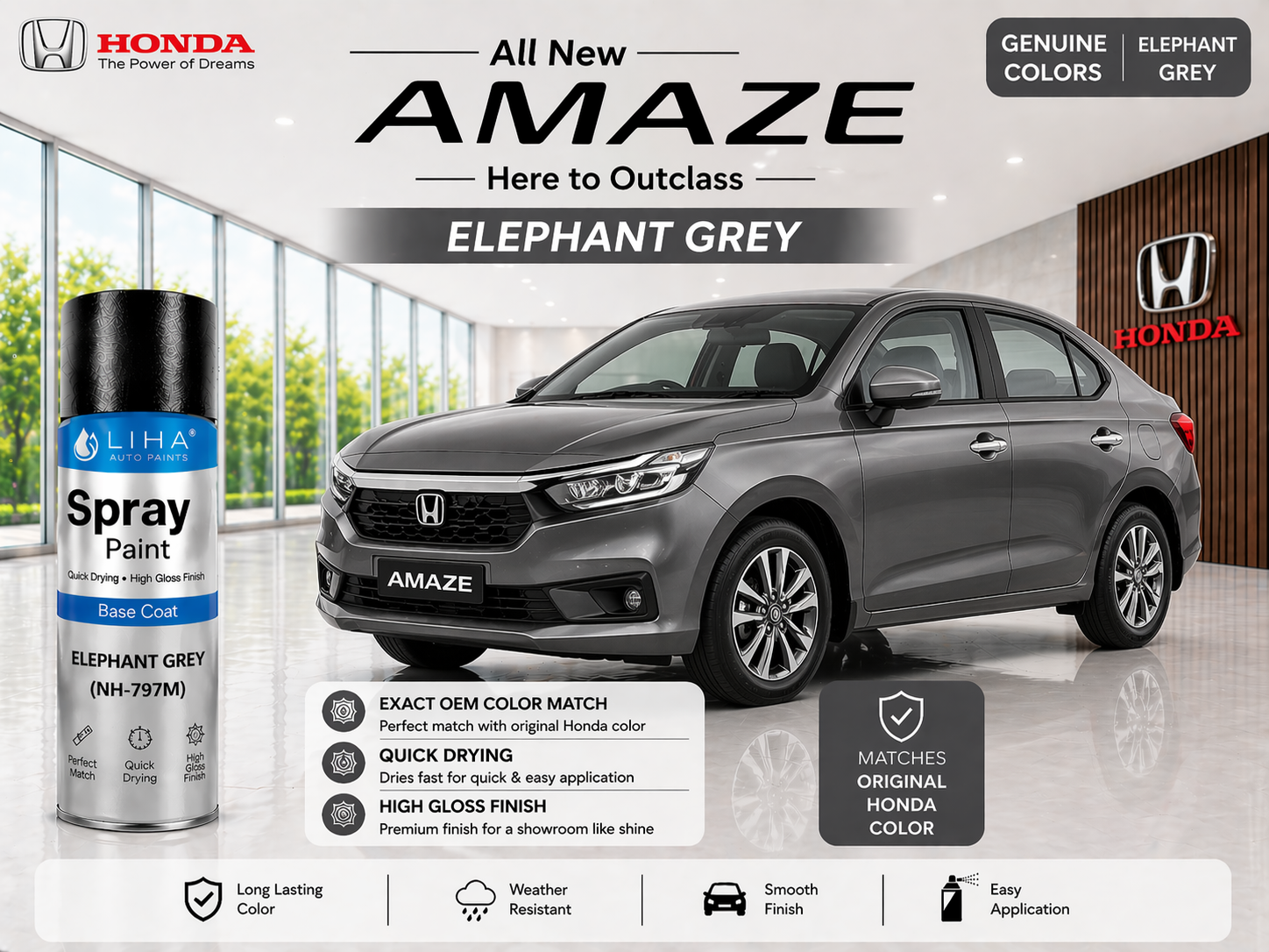 LIHA Spray Paint – Honda Amaze Elephant Grey (Meteorite Grey Metallic) | OEM Color Match | Base Coat | Metallic Finish | Quick Dry