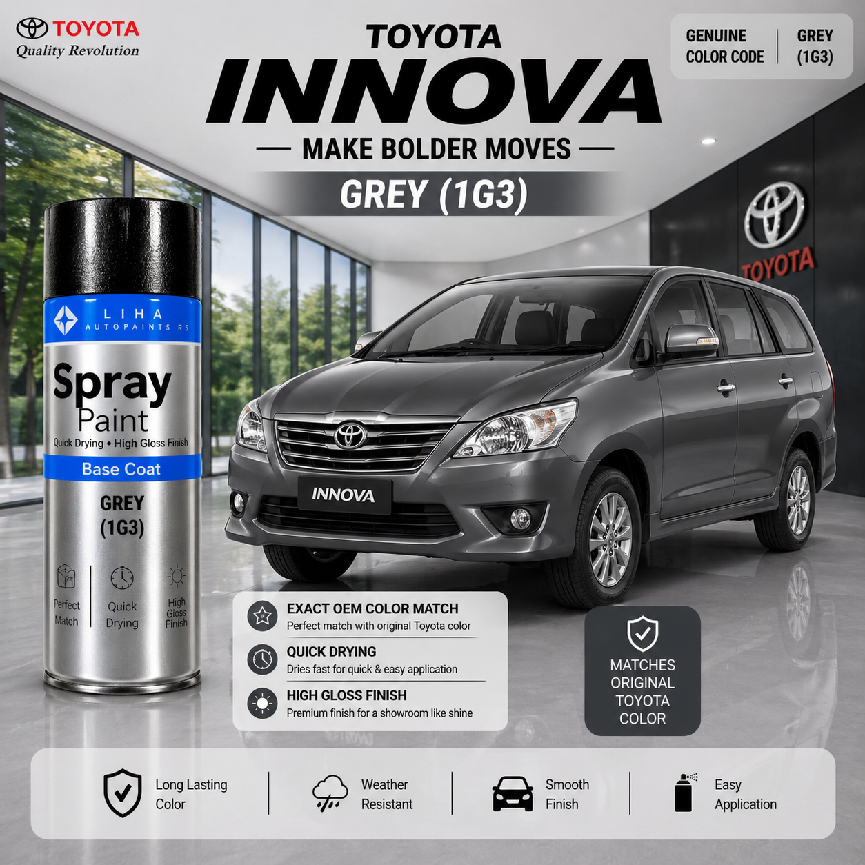 Toyota Innova Grey (1G3) | OEM Color Match | Base Coat | Metallic Finish | Quick Dry