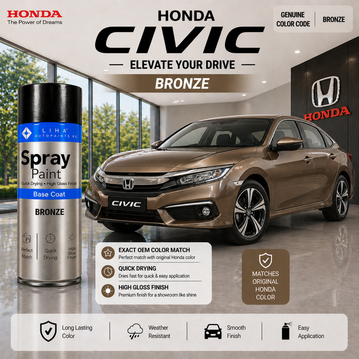 Honda Civic Bronze (Urban Titanium Metallic) | OEM Color Match | Base Coat | Metallic Finish | Quick Dry