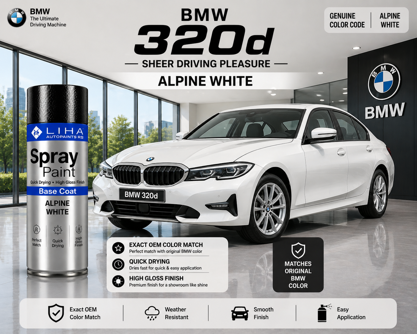 BMW 320d Alpine White | OEM Color Match | Base Coat | High Gloss Finish | Quick Dry
