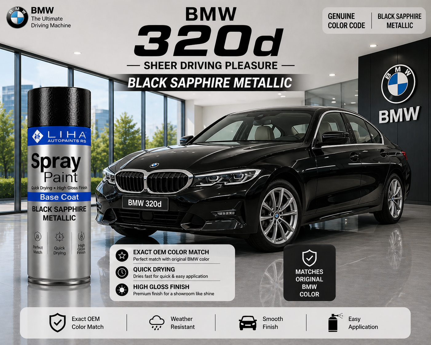 BMW 320d Black Sapphire Metallic | OEM Color Match | Base Coat | High Gloss Finish | Quick Dry
