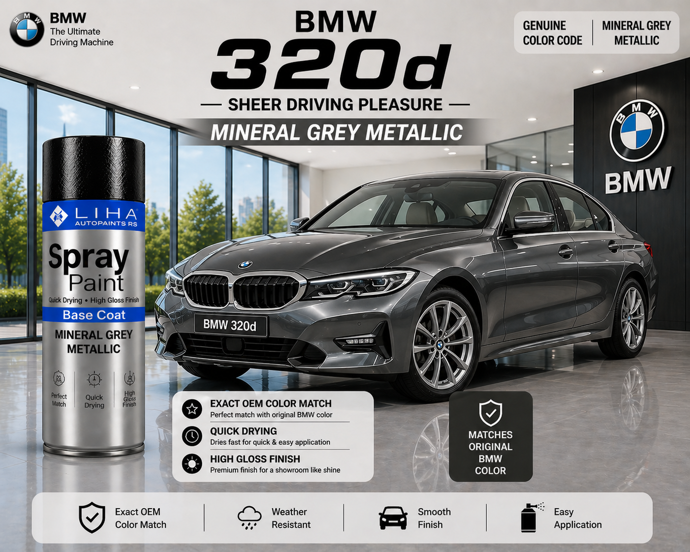 BMW 320d Mineral Grey Metallic | OEM Color Match | Base Coat | Premium Finish | Quick Dry