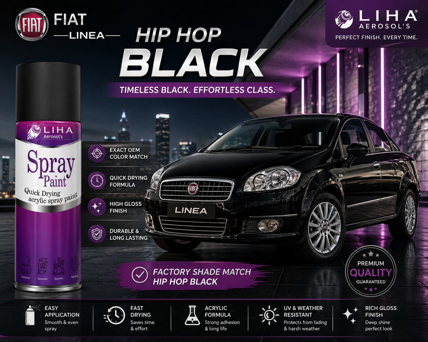 Fiat Linea Hip Hop Black | OEM Color Match | Base Coat | High Gloss Finish | Quick Dry
