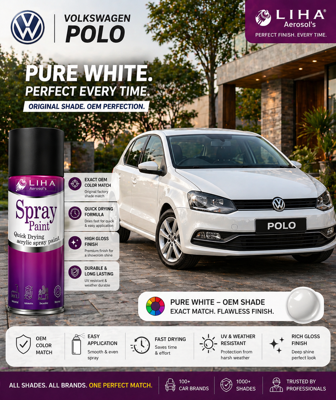 Volkswagen Polo Pure White | OEM Color Match | Base Coat | High Gloss Finish | Quick Dry