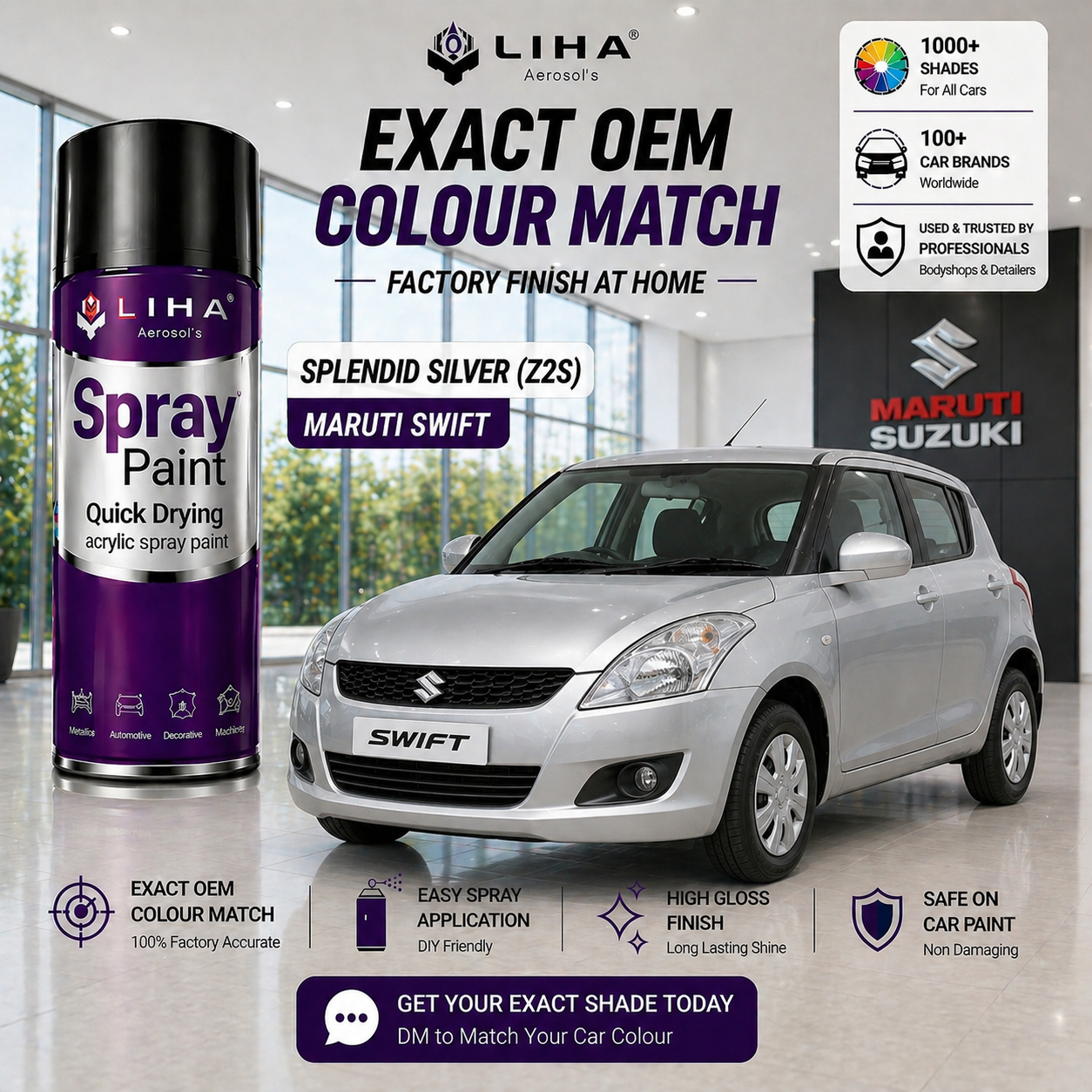 Maruti Suzuki Swift Splendid Silver | OEM Color Match | Professional Base Coat Spray Paint | 500ml