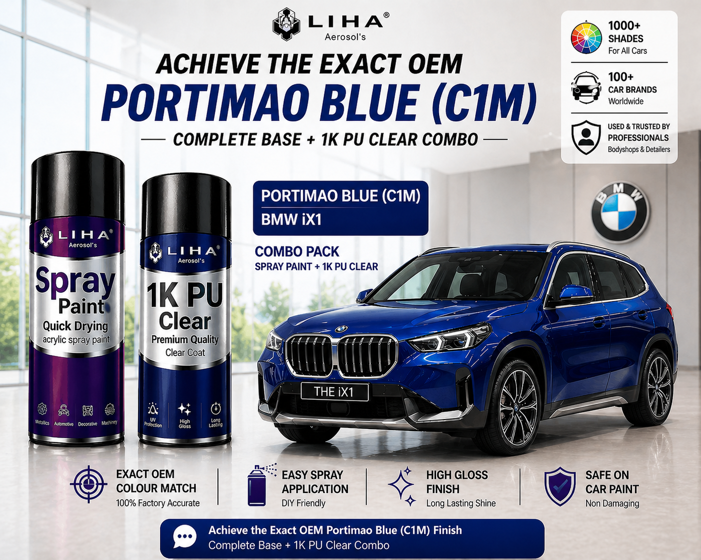 BMW iX1 Portimao Blue (OEM Match) + 1K PU Clear Coat | Base + Clear Kit | High Gloss Finish