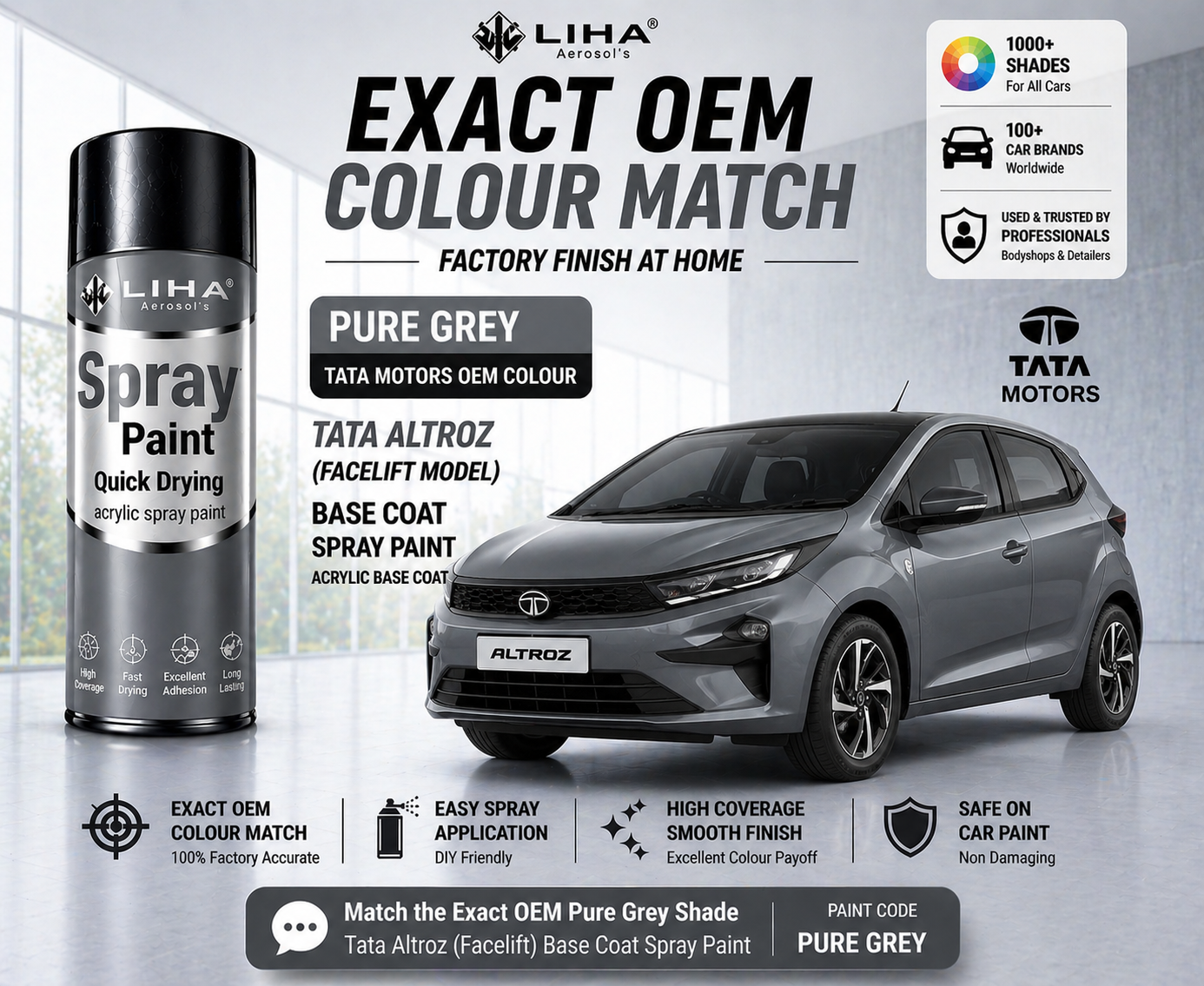 Tata Altroz Facelift Pure Grey PU Spray Paint – OEM Factory Match Car Paint | LIHA Aerosols