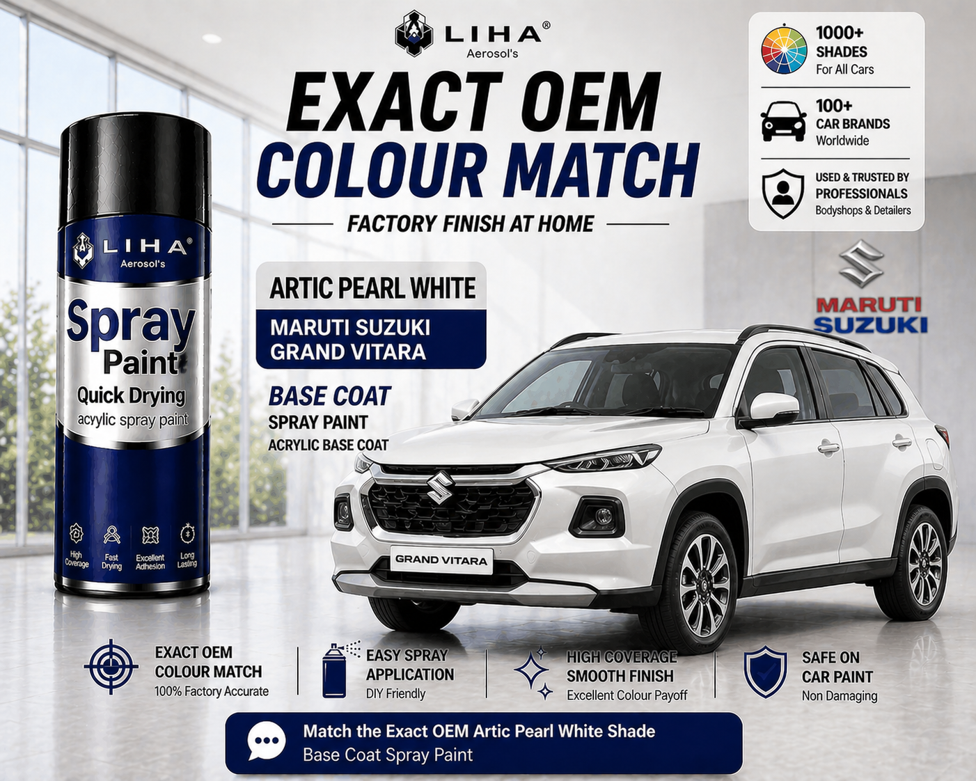 Maruti Suzuki Grand Vitara Arctic Pearl White PU Spray Paint – OEM Factory Match | LIHA Aerosols
