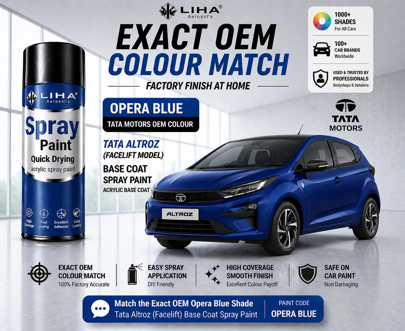 Tata Altroz Opera Blue Metallic PU Spray Paint – OEM Factory Match Car Paint | LIHA Aerosols