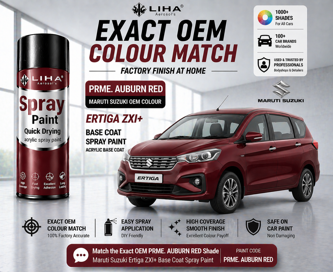Maruti Suzuki Ertiga ZXI+ Prime Auburn Red Pearl (ZYY) PU Spray Paint – OEM Factory Match | LIHA Aerosols