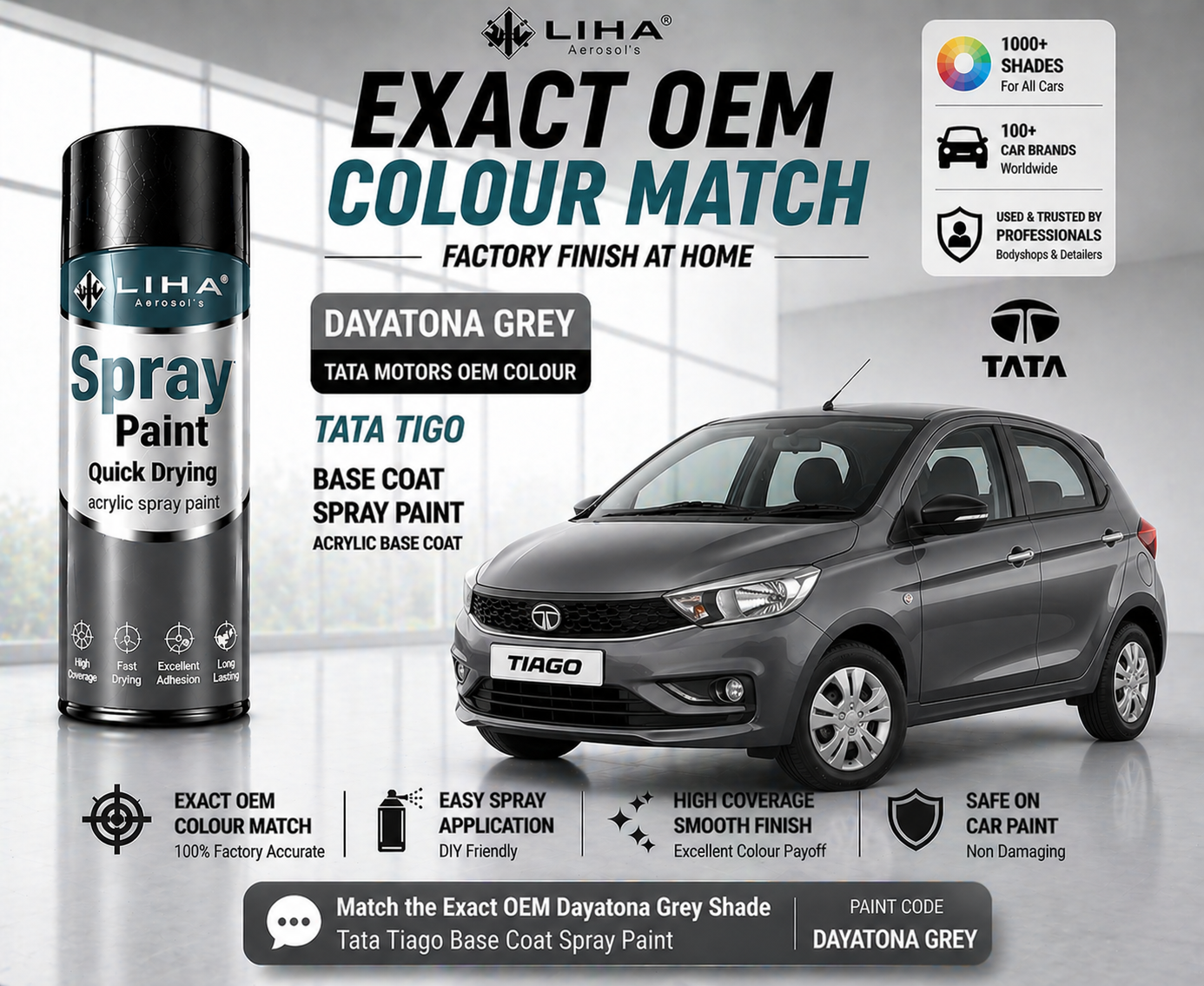 Tata Tiago Daytona Grey Metallic PU Spray Paint – OEM Factory Match Car Paint | LIHA Aerosols