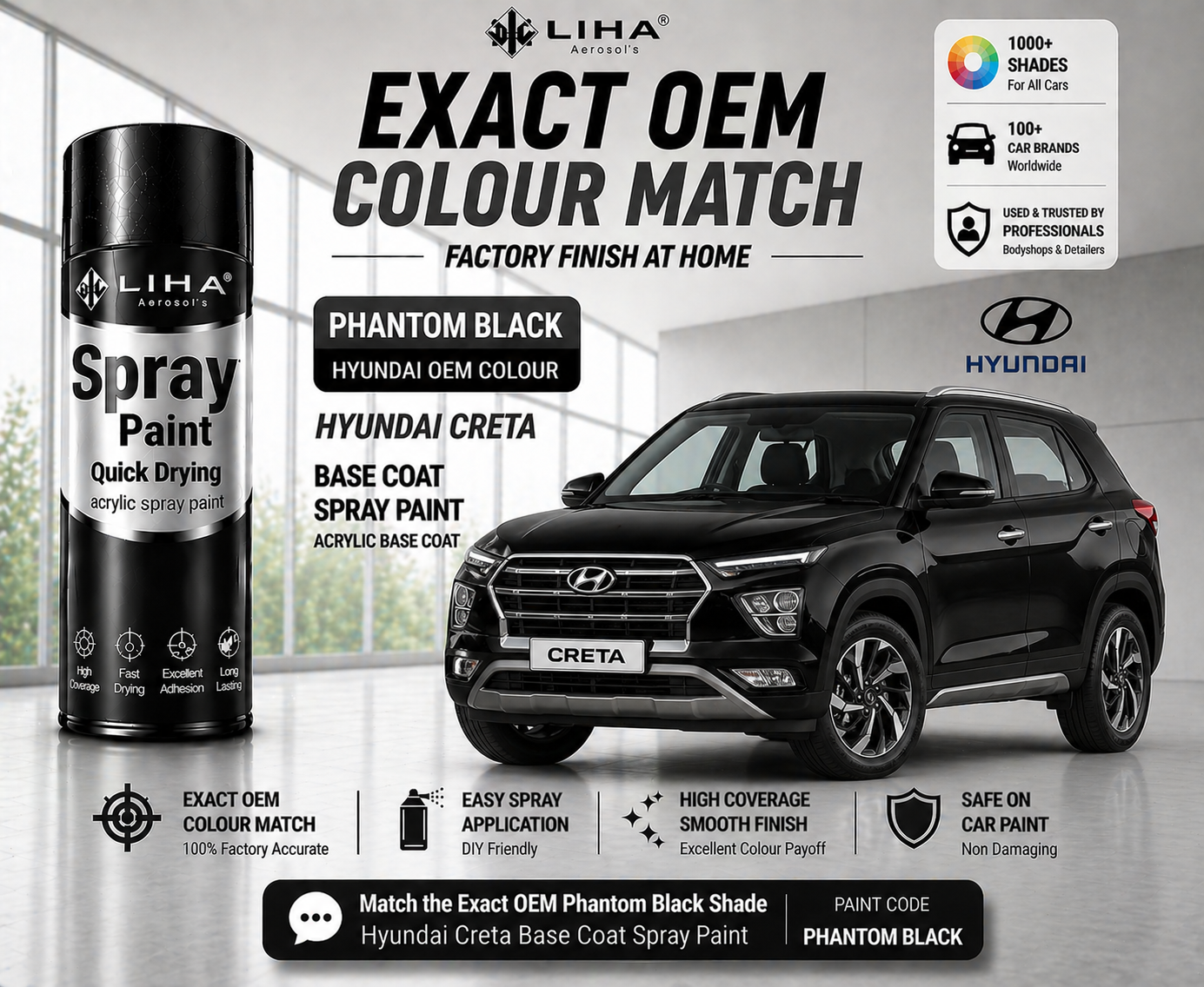 Hyundai Creta Phantom Black PU Spray Paint – OEM Factory Match Car Paint | LIHA Aerosols