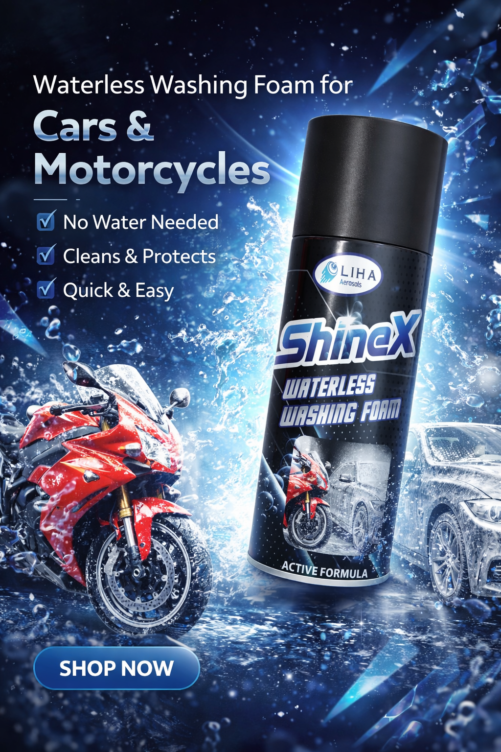 ShineX Waterless Washing Foam Spray – No Water Car & Bike Cleaner | Instant Shine & Protection