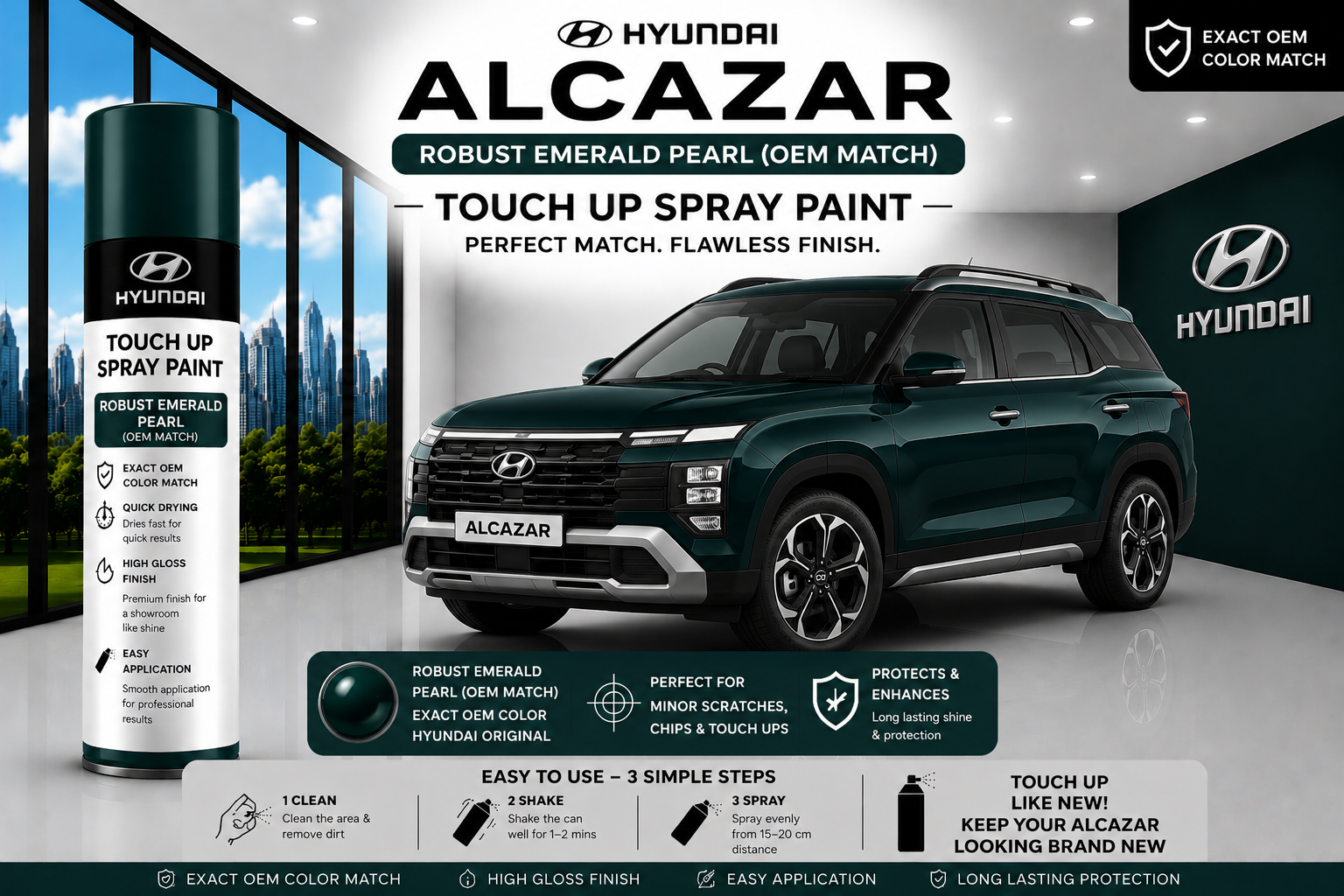 Hyundai Alcazar Robust Emerald Pearl Touch Up Spray Paint – OEM Color Match | LIHA Aerosols 500ml