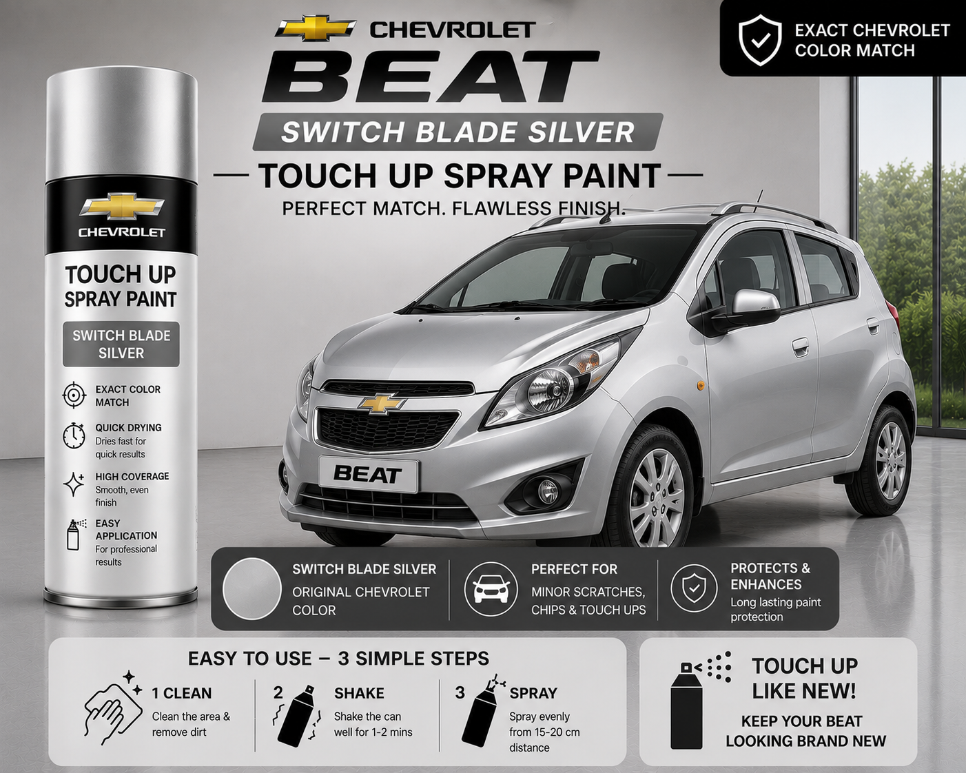 Chevrolet Beat Switch Blade Silver Touch Up Spray Paint – OEM Color Match | LIHA Aerosols 500ml