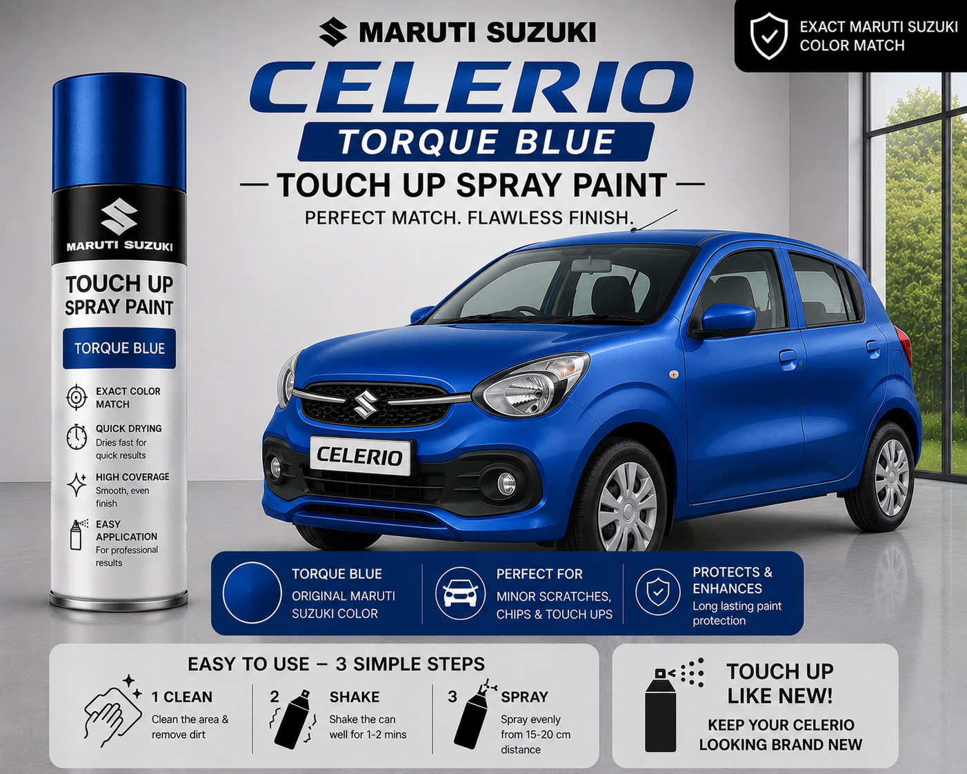 Maruti Suzuki Celerio Torque Blue Touch Up Spray Paint – OEM Color Match | LIHA Aerosols 500ml