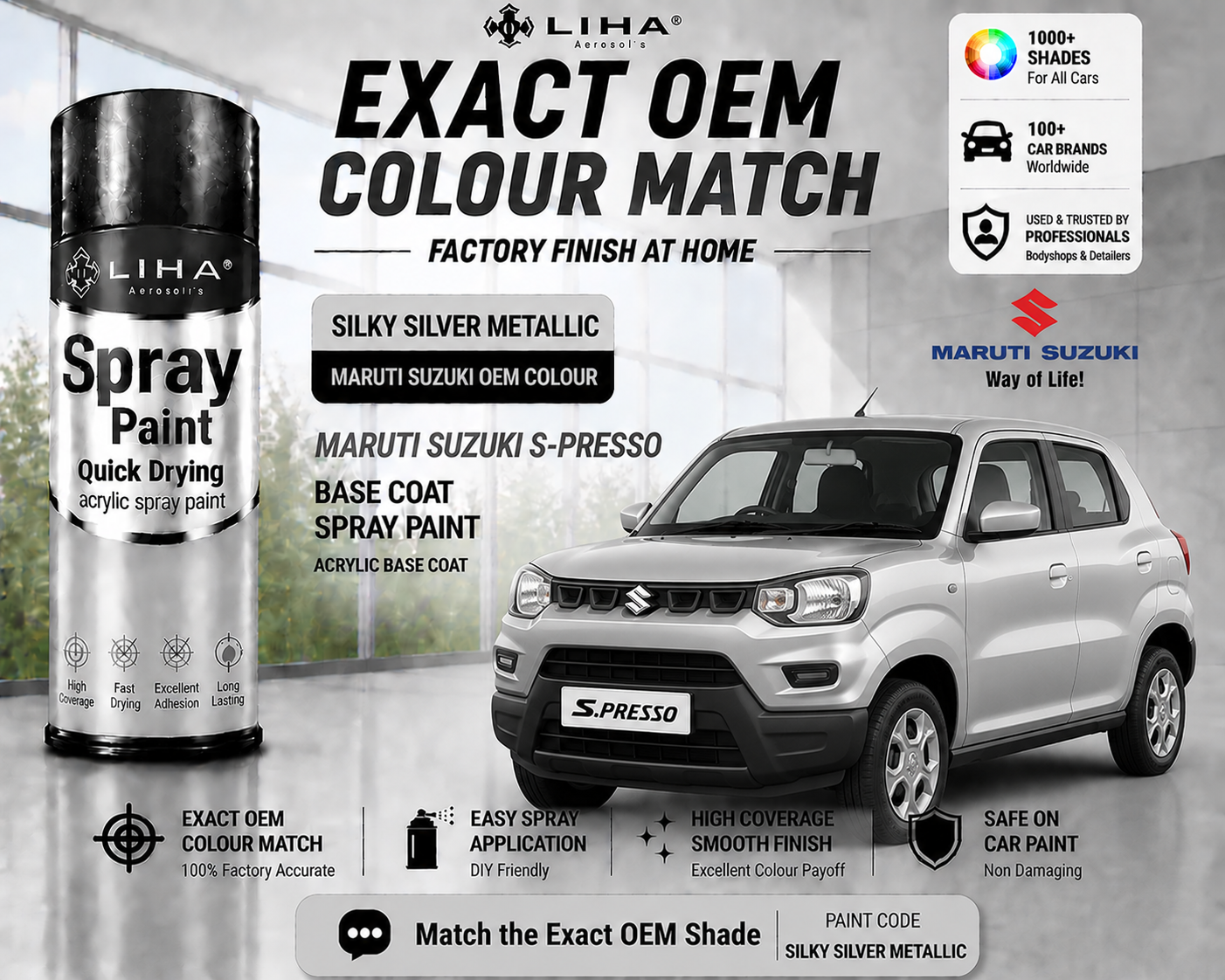 Maruti Suzuki S-Presso Silky Silver Metallic Touch Up Spray Paint | OEM Automotive Aerosol Paint for Scratch Repair