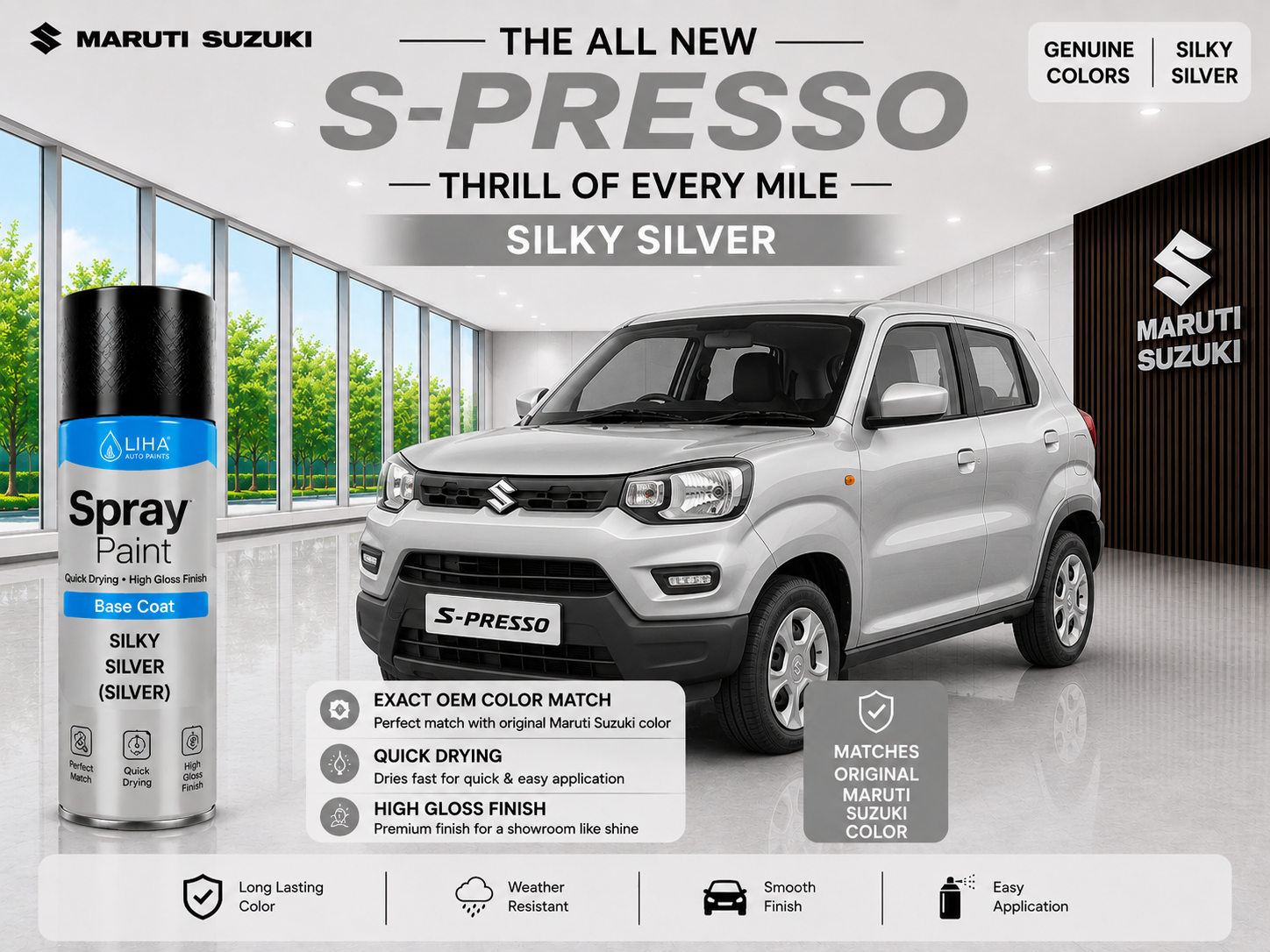 Maruti Suzuki S-Presso Silky Silver Touch Up Spray Paint | OEM Automotive Aerosol Paint for Scratch Repair