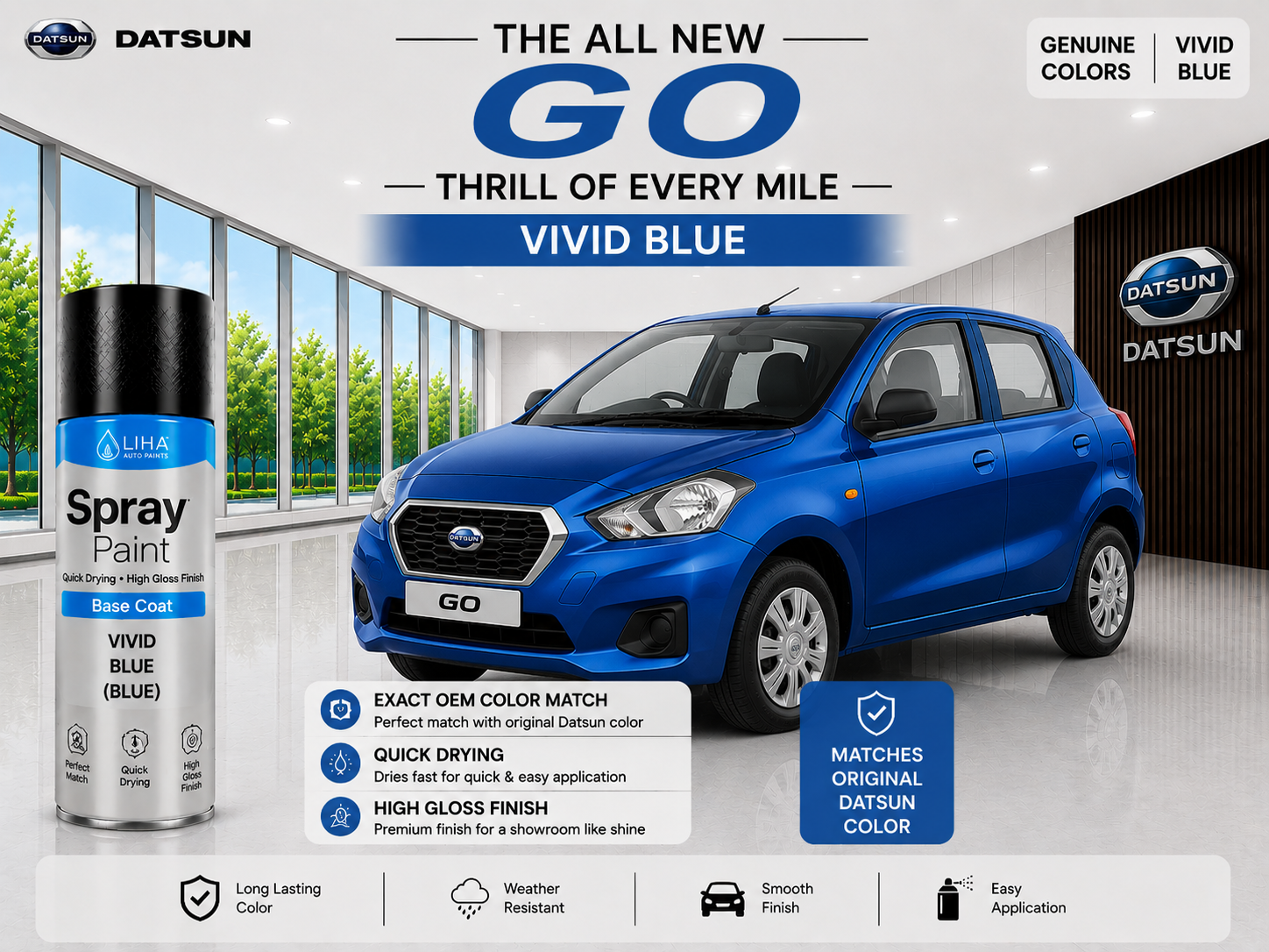 Datsun GO Vivid Blue Touch Up Spray Paint | OEM Automotive Aerosol Paint for Scratch Repair