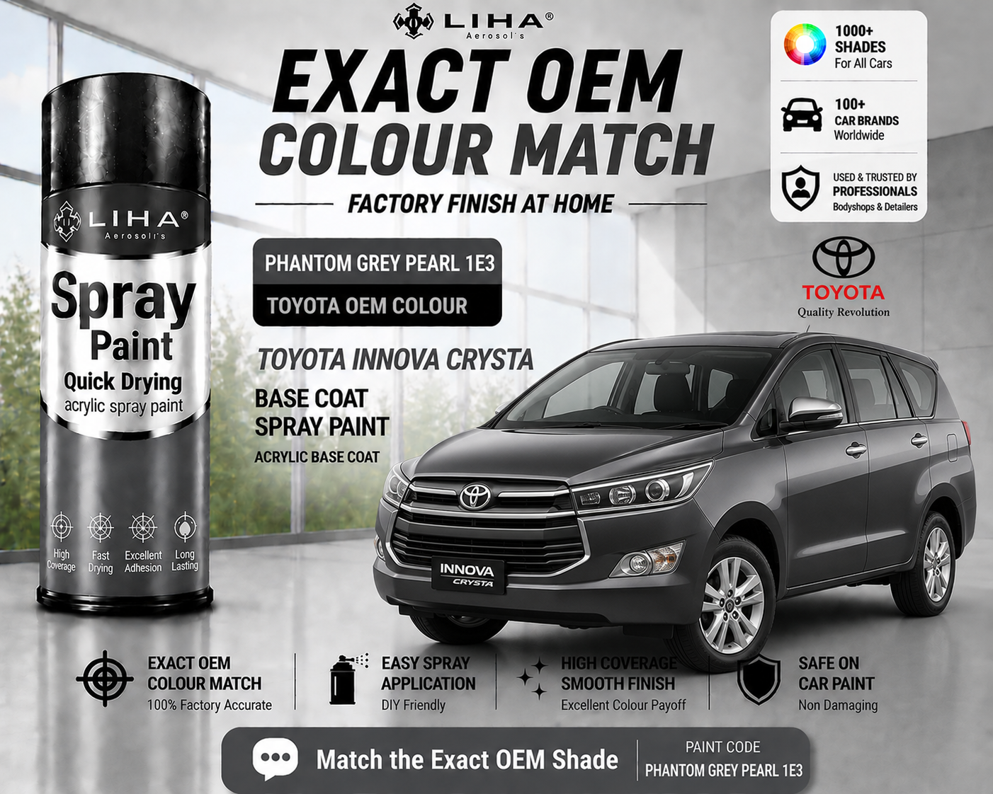 Toyota Innova Crysta Phantom Grey Pearl 1E3 Touch Up Spray Paint | OEM Pearl Metallic Automotive Aerosol Paint