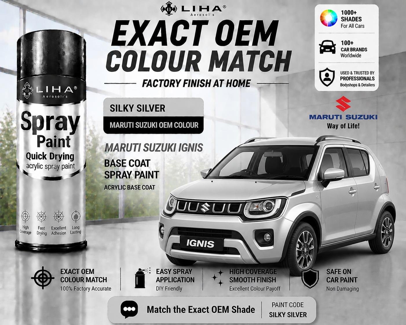 Maruti Suzuki Ignis Silky Silver Touch Up Spray Paint | OEM Automotive Aerosol Paint for Scratch Repair