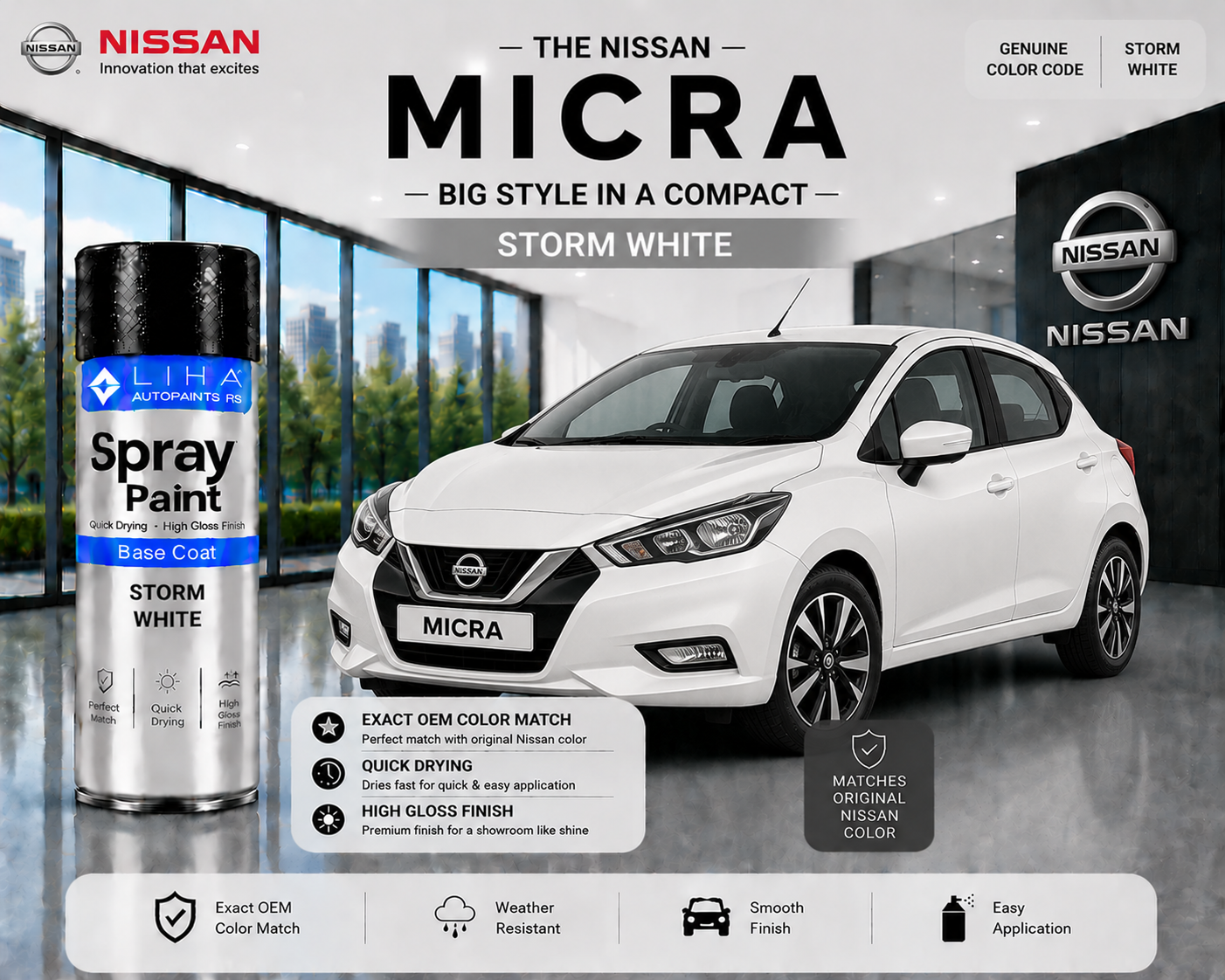 Nissan Micra Storm White Touch Up Spray Paint – OEM Color Match
