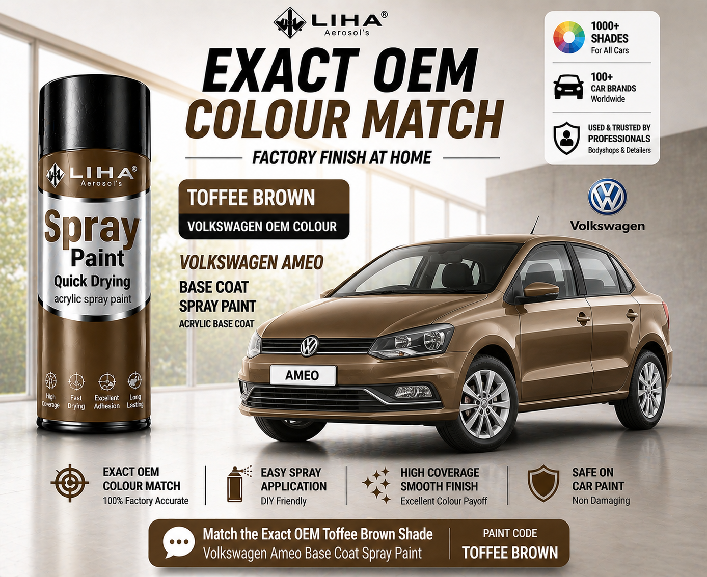Volkswagen Ameo Toffee Brown Metallic (LH8Z / 4Q) PU Spray Paint – OEM Factory Match Car Paint | LIHA Aerosols