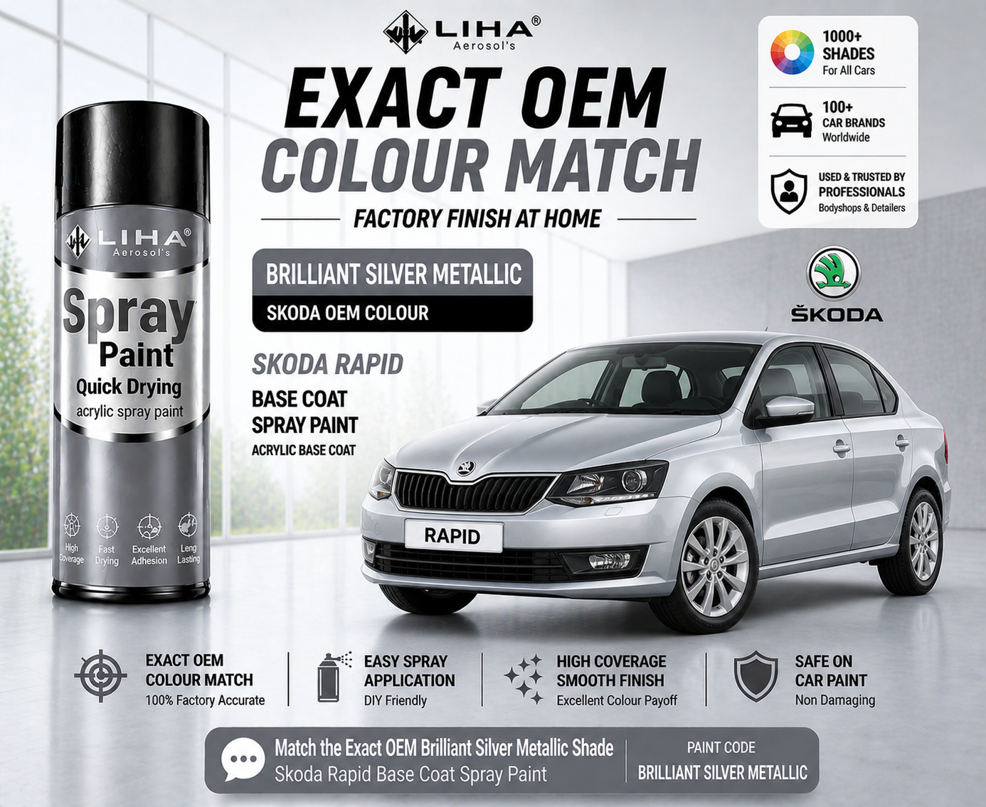 Skoda Rapid 2013 Brilliant Silver Metallic PU Spray Paint – OEM Factory Match Car Paint | LIHA Aerosols