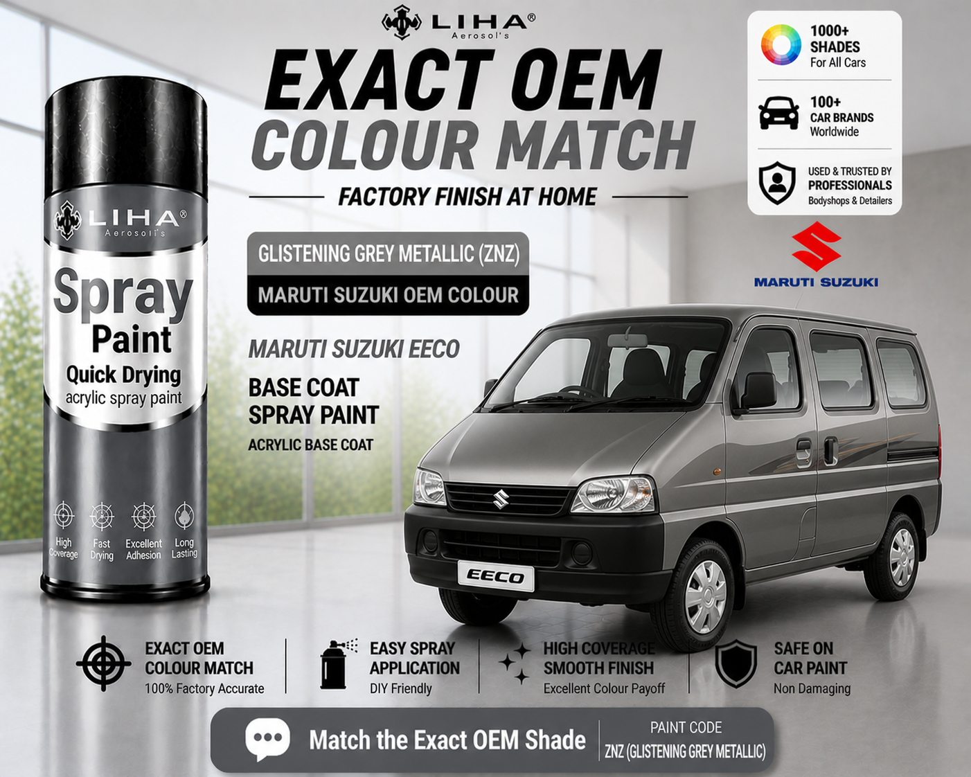 Maruti Suzuki Eeco Glistening Grey Metallic (ZNZ) PU Spray Paint – OEM Factory Match Car Paint | LIHA Aerosols