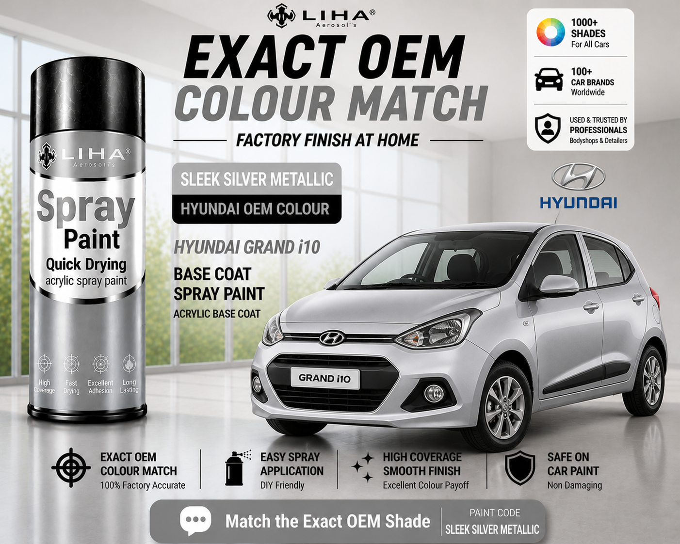 Hyundai Grand i10 Sleek Silver Metallic PU Spray Paint – OEM Factory Match Car Paint | LIHA AerosolsS